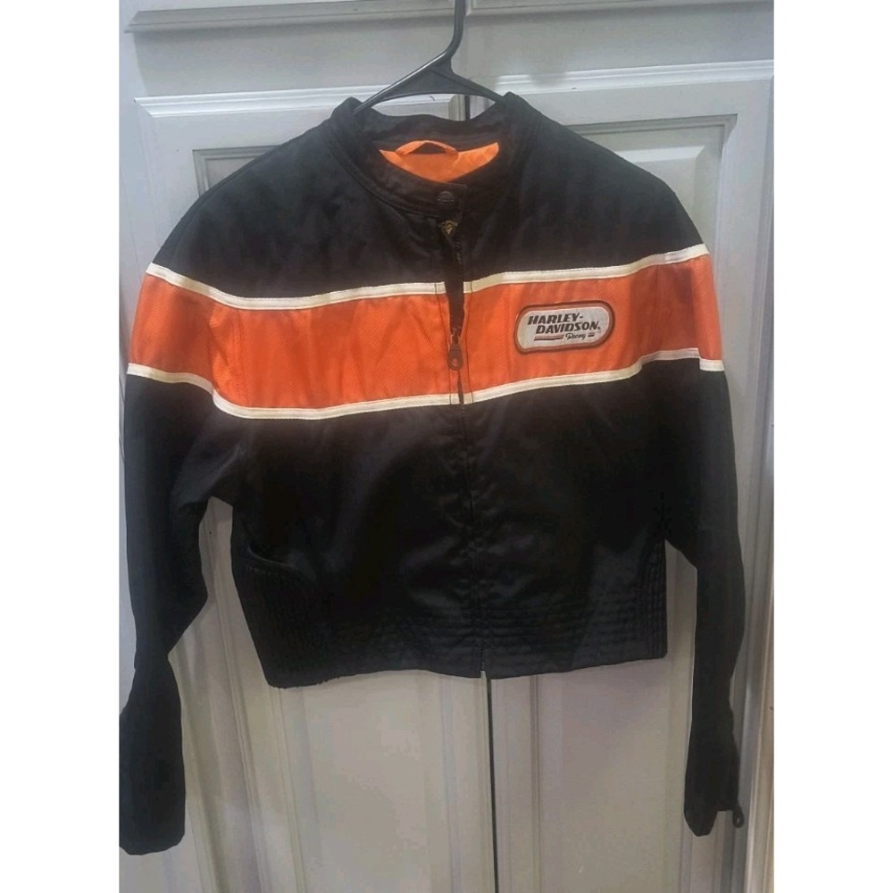 Vintage Harley Davidson Kids Cropped Moto Jacket Orange Black Youth Medium Y2K